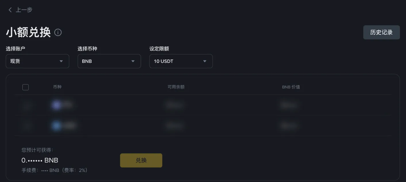 币安【小额兑换】页面:选择账户、兑换成的币种和限额,下方显示手续费率 2%(登录后截图,个人信息已遮盖)