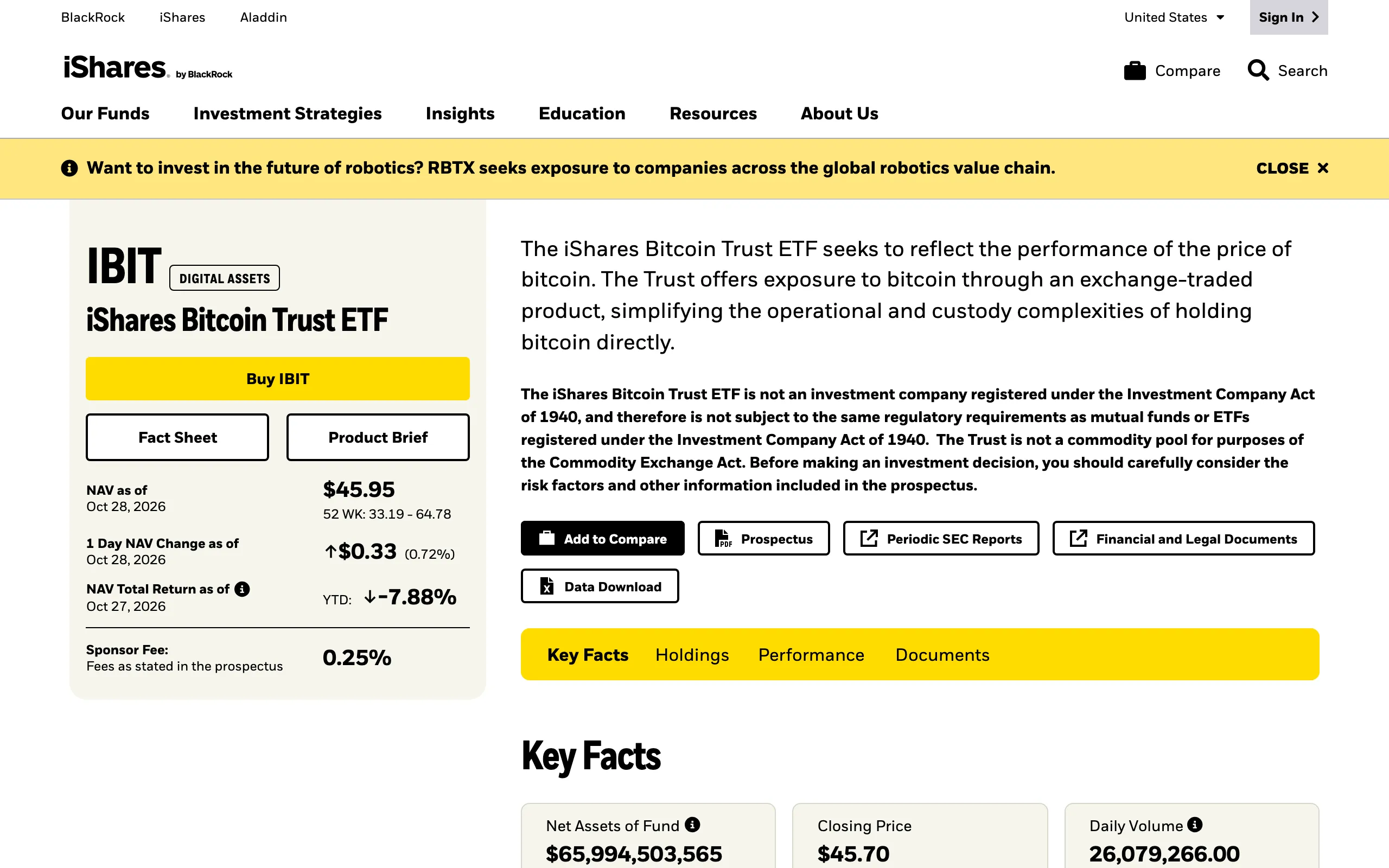 iShares Bitcoin Trust ETF（IBIT）官方产品页，显示年费 0.25% 和基金净资产