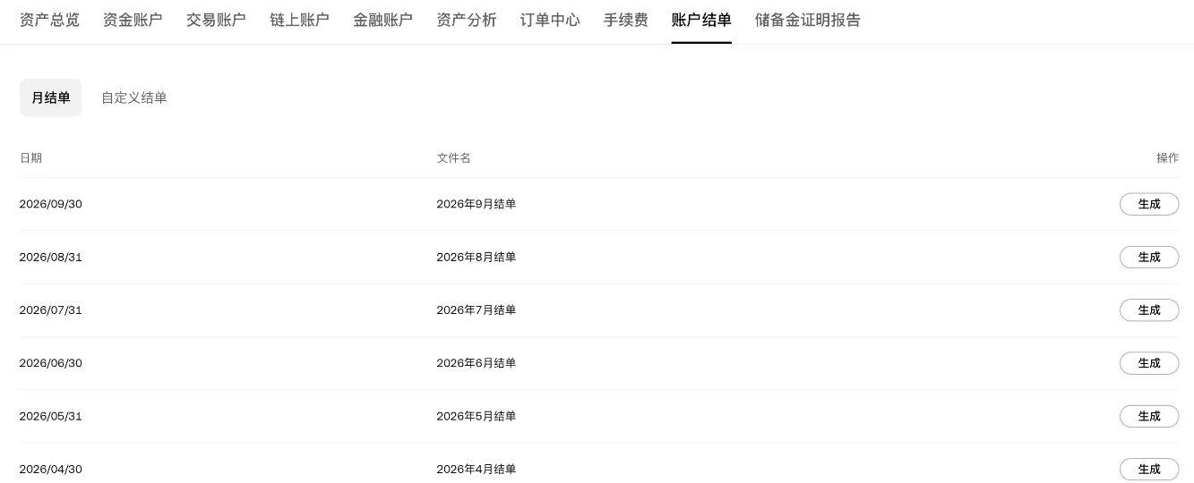 欧易【账户结单】页面：可以按月生成结单，也可以生成自定义结单（登录后截图，个人信息已遮盖）