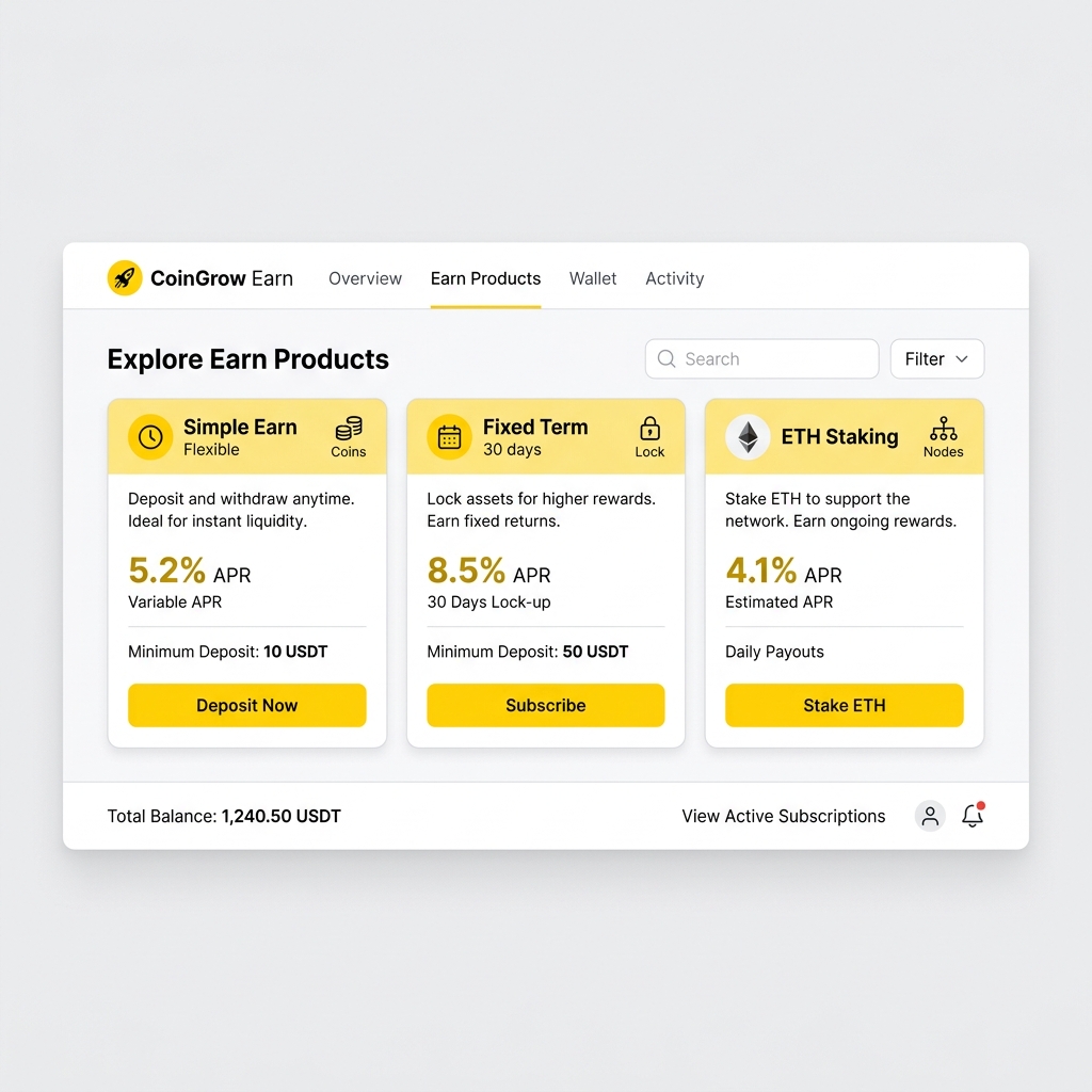 币安理财产品界面 – 活期、定期与 ETH 质押