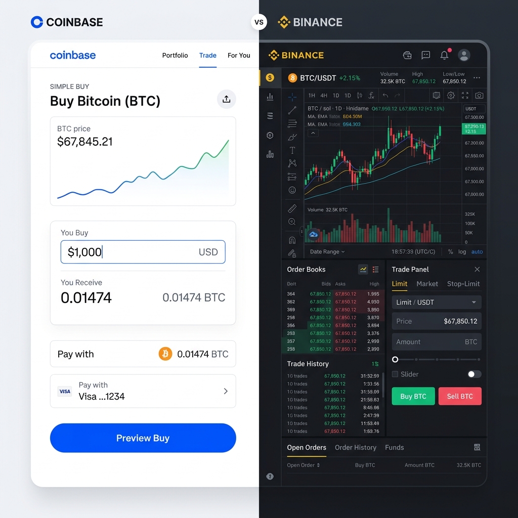 Coinbase simple UI vs Binance pro trading terminal comparison