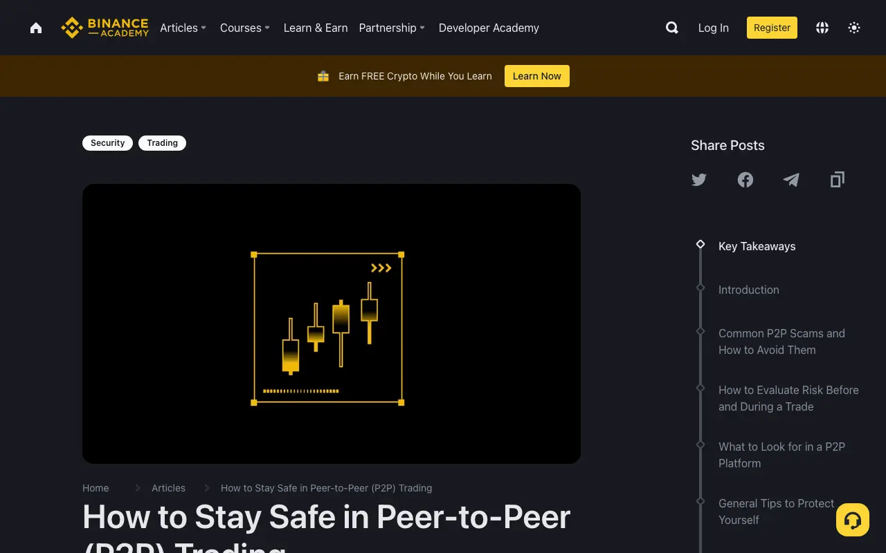 Binance Academy's official P2P safety guide, showing its scam-prevention sections