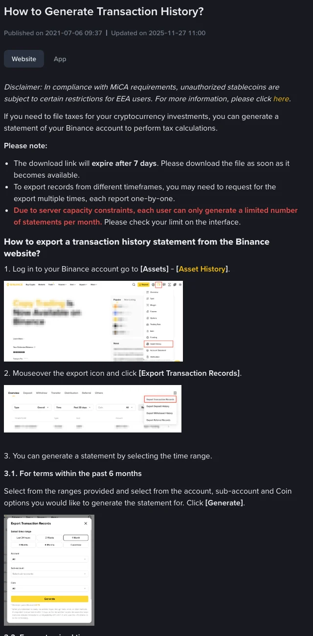 Documentación oficial de Binance sobre cómo generar el historial de transacciones, con los pasos y las limitaciones del archivo exportado
