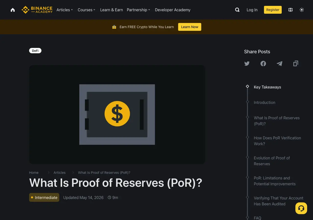 Binance's proof-of-reserves page, showing the published reserve ratios for major assets