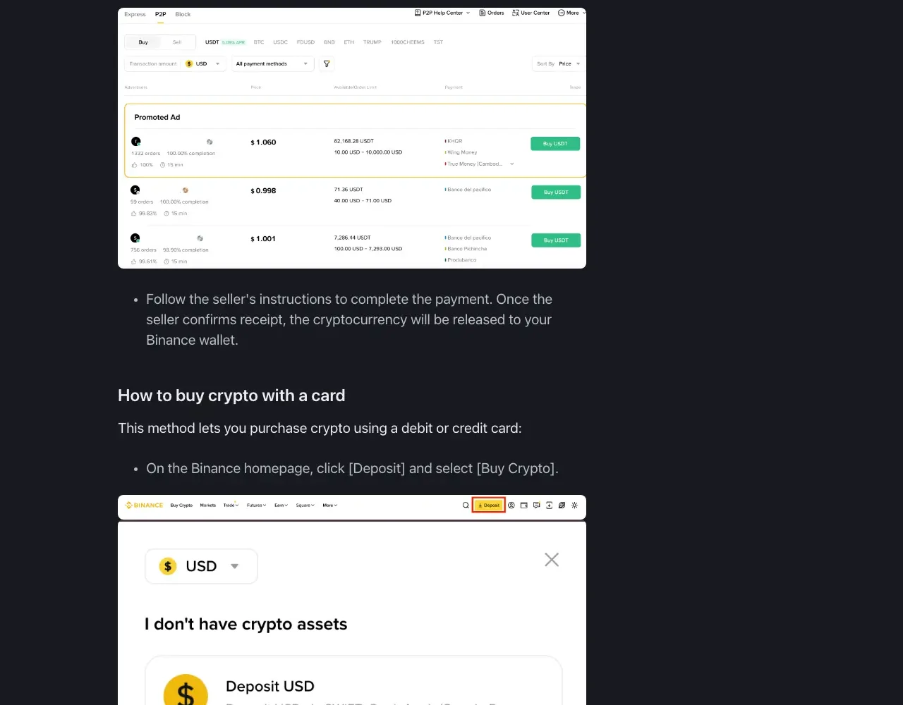 Documentación oficial de Binance mostrando la lista de anuncios del P2P, con precio, cantidad disponible, métodos de pago y el historial de cada comerciante