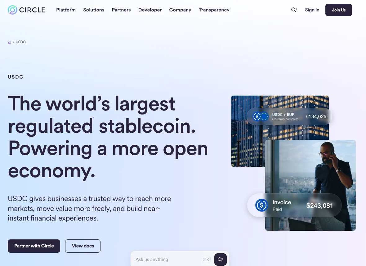 Circle's official USDC page, describing USDC as the world's largest regulated stablecoin
