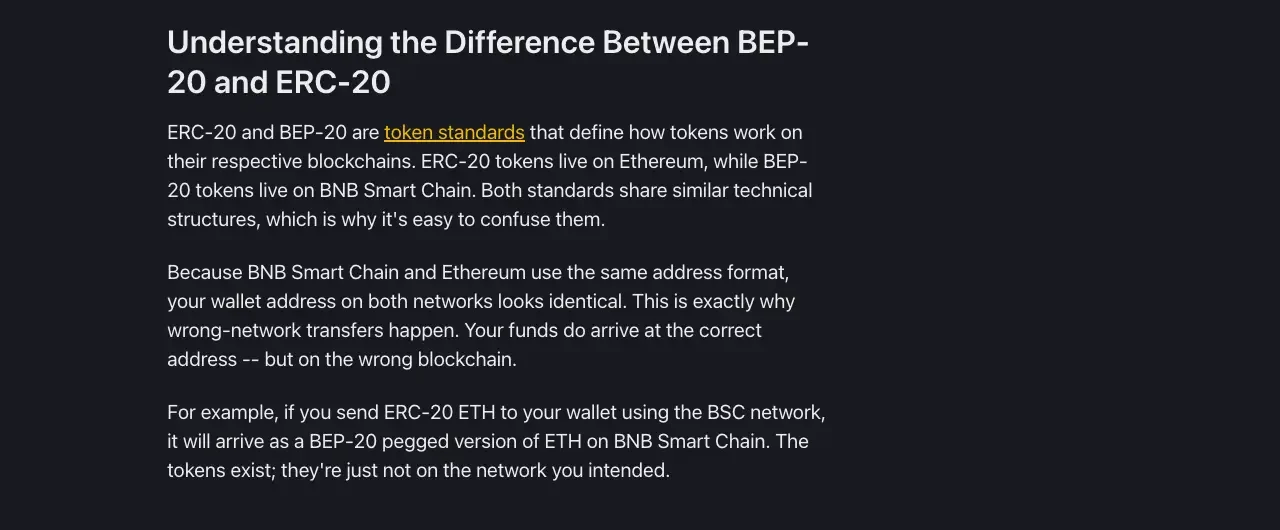 Binance Academy explaining why BEP-20 and ERC-20 addresses look identical and how wrong-network transfers happen