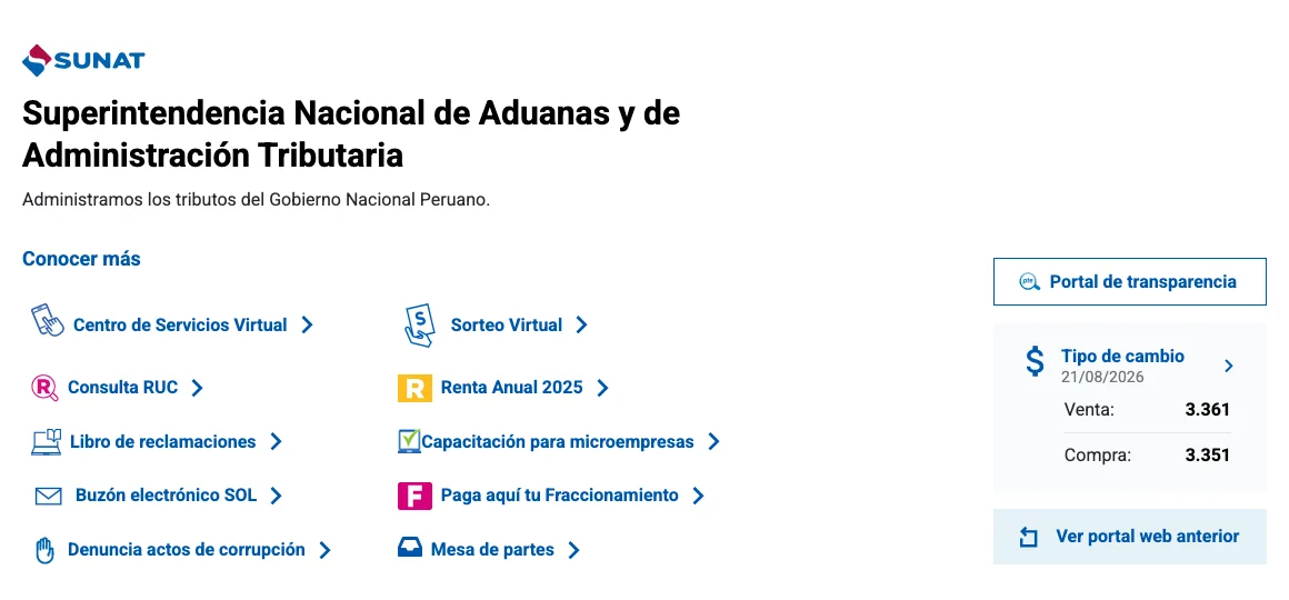Portal oficial de la SUNAT, la Superintendencia Nacional de Aduanas y de Administración Tributaria del Perú